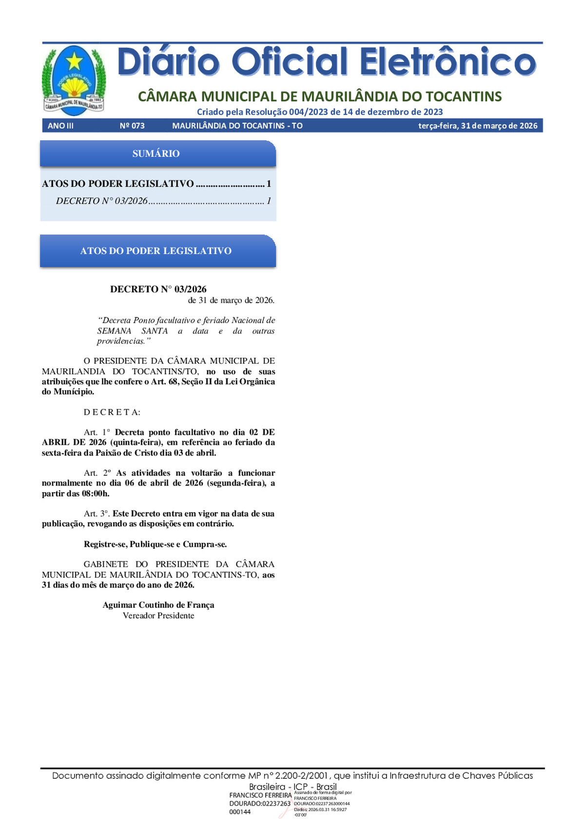 Diário Oficial N° 073