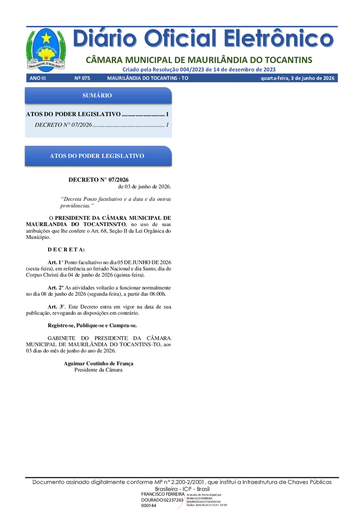 Diário Oficial N° 075