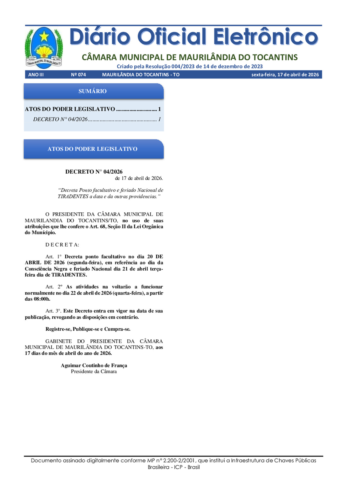 Diário Oficial N° 074